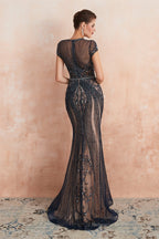 Mermaid Round Neck Long Prom Dresses with Crystal Beading
