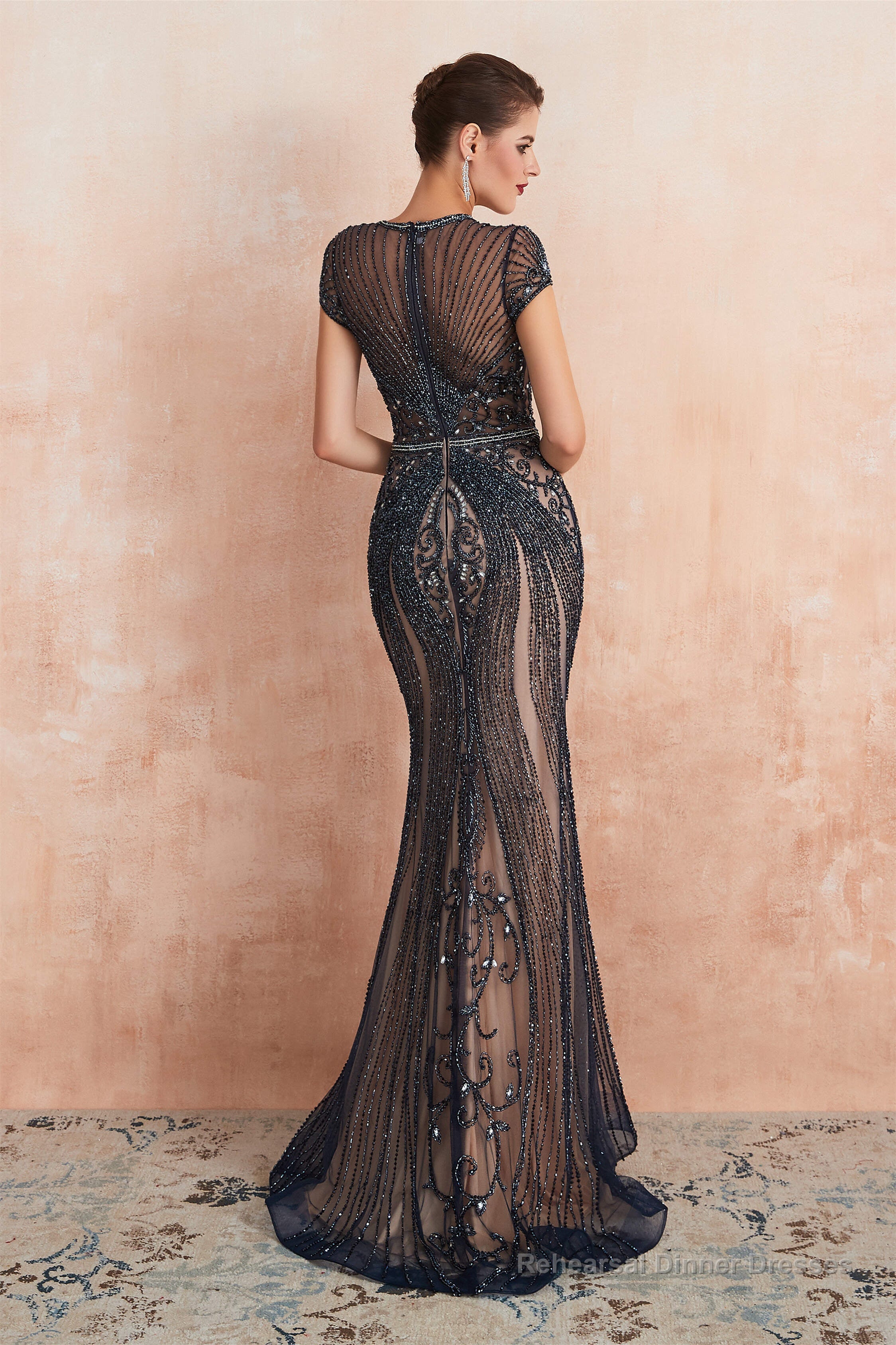 Mermaid Round Neck Long Prom Dresses with Crystal Beading
