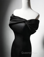 Black Mermaid Satin Off Shoulder Evening Dress, Black Satin Evening Prom Dress