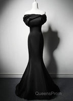 Black Mermaid Satin Off Shoulder Evening Dress, Black Satin Evening Prom Dress