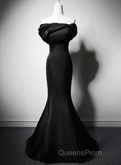Black Mermaid Satin Off Shoulder Evening Dress, Black Satin Evening Prom Dress