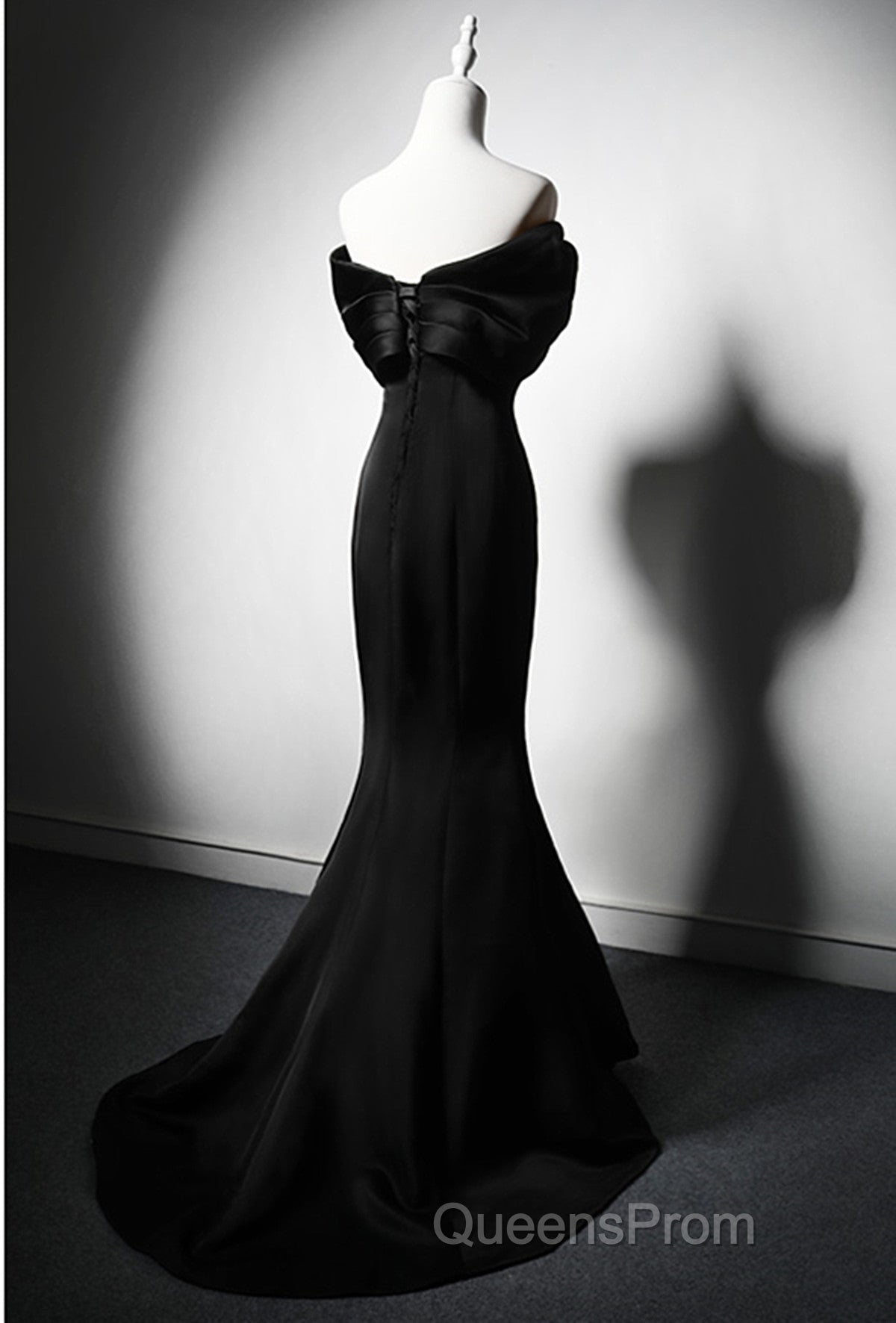 Black Mermaid Satin Off Shoulder Evening Dress, Black Satin Evening Prom Dress