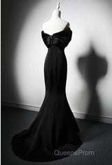 Black Mermaid Satin Off Shoulder Evening Dress, Black Satin Evening Prom Dress