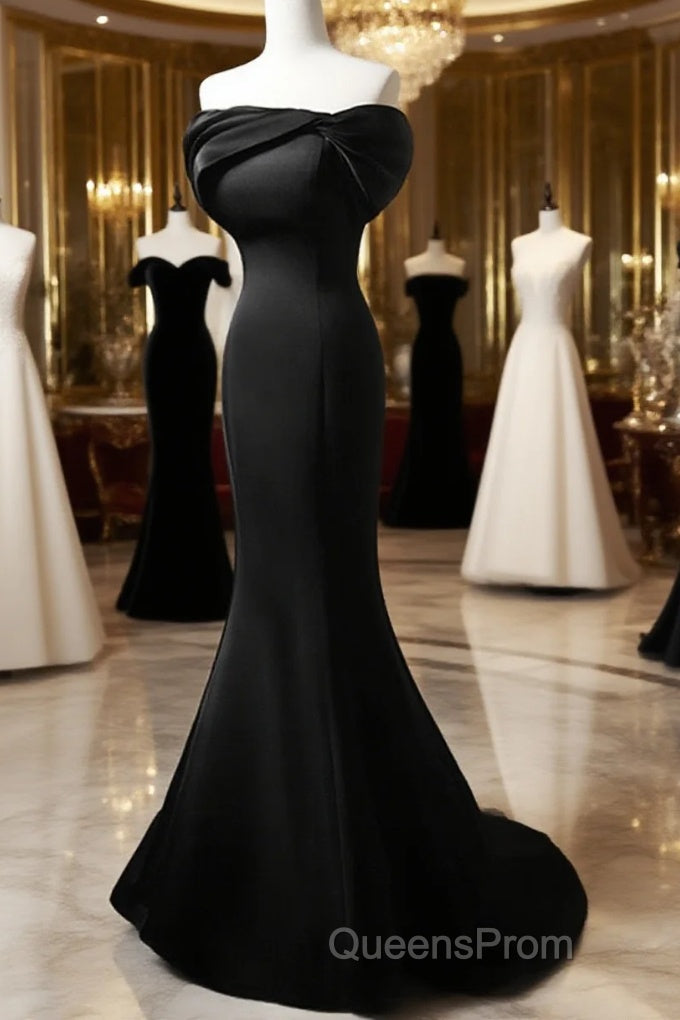 Black Mermaid Satin Off Shoulder Evening Dress, Black Satin Evening Prom Dress Main image