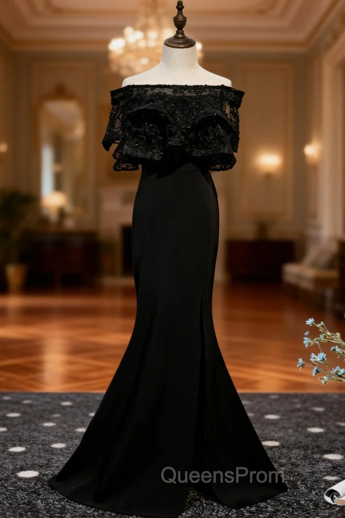 Black Mermaid Satin Off the Shoulder Evening Prom Dress With Split