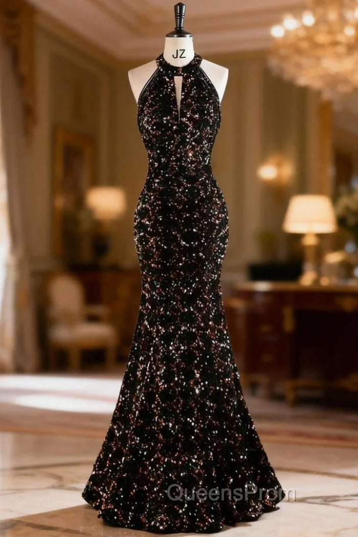 Black Mermaid Sequins Halter Beading Evening Prom Dress