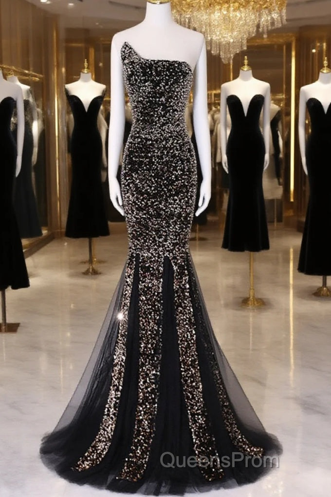Black Mermaid Sequins Long Evening Prom Dress, Black Evening Dress Party Dress Main image
