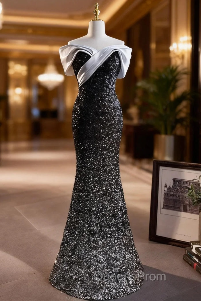 Black Mermaid Sequins Off the Shoulder Evening Prom Dress