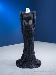 Black Mermaid Sequins Pearls Long Sleeve Prom Dress