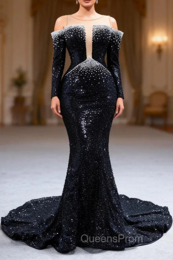 Black Mermaid Sequins Pearls See Through Neck Evening Prom Dress