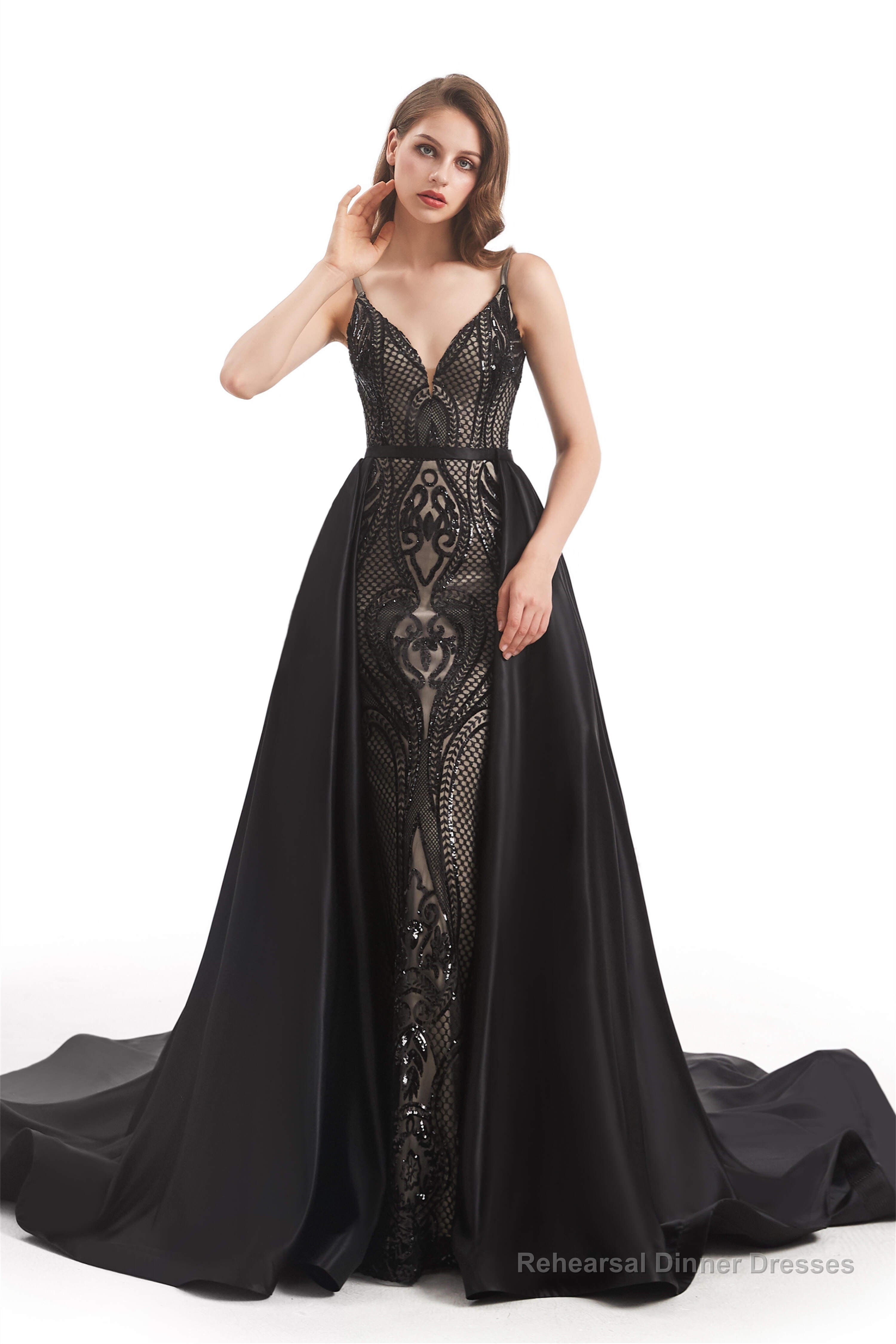 Mermaid Sequins Spaghetti Straps Prom Dresses With Detachable Train