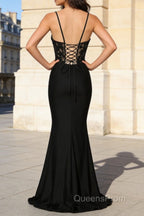 Black Mermaid Spaghetti Straps Corset Prom Dress With Appliques