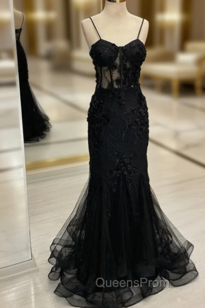 Black Mermaid Spaghetti Straps Flower Evening Prom Dress