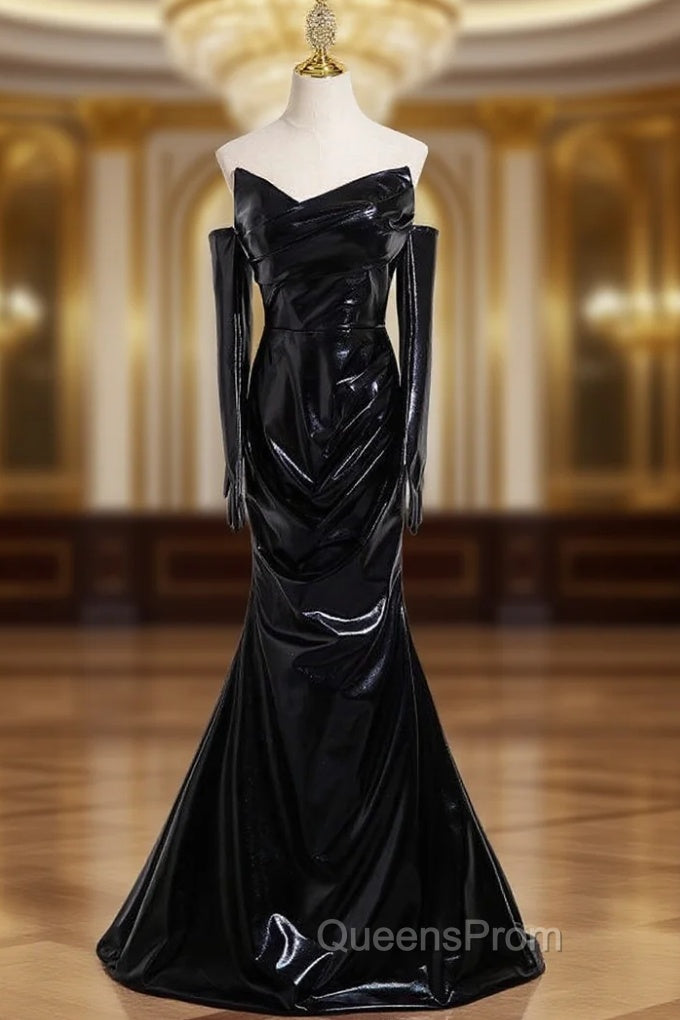 Black Mermaid Strapless Long Sleeve Pleats Evening Prom Dress