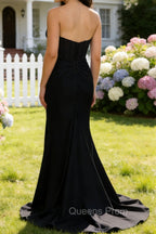 Black Mermaid Strapless Pleated Corset Long Prom Dress with Slit