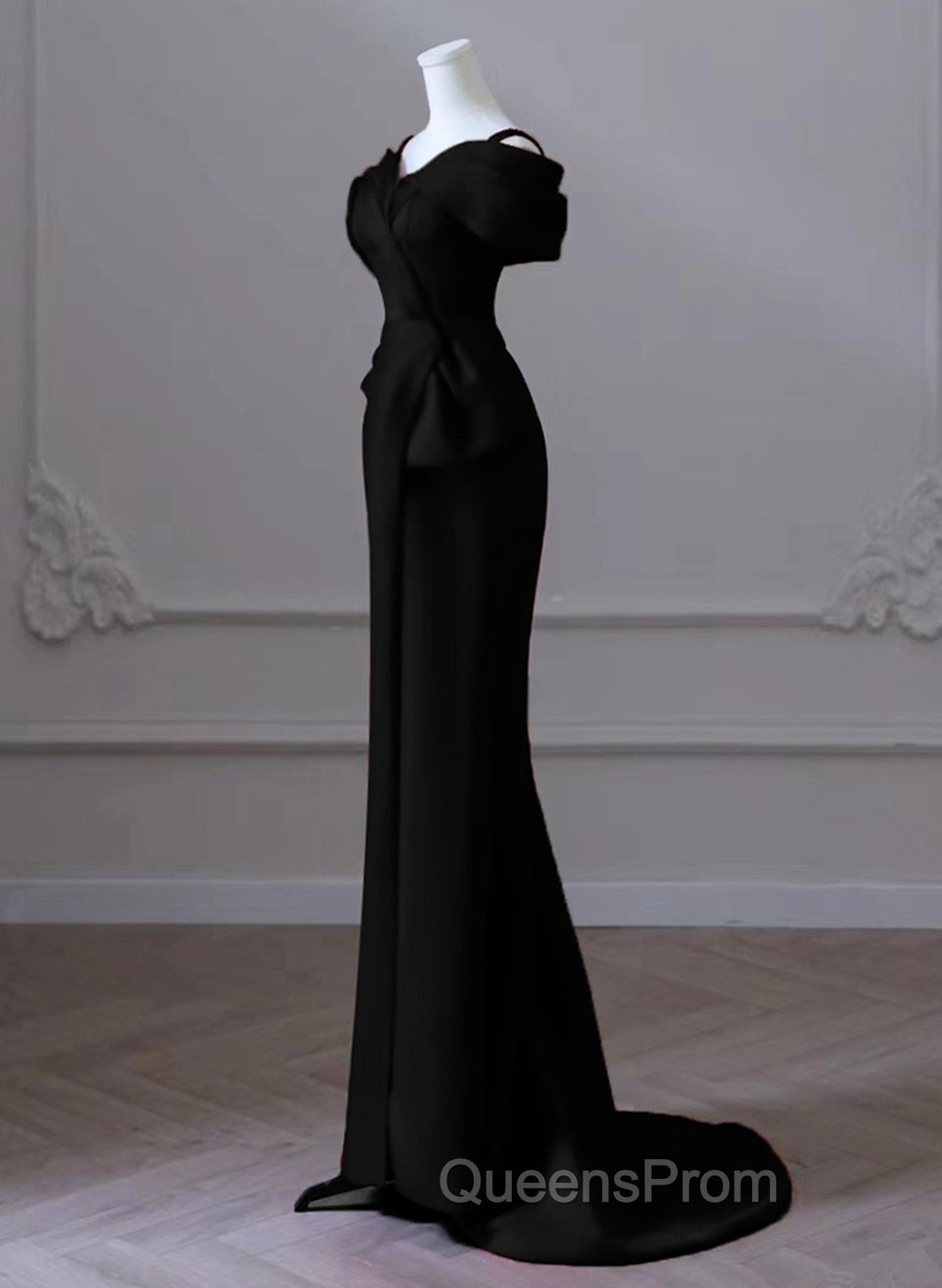 Black Mermaid Sweetheart Off Shoulder Evening Prom Dress, Black Satin Evening Dress Secondary image