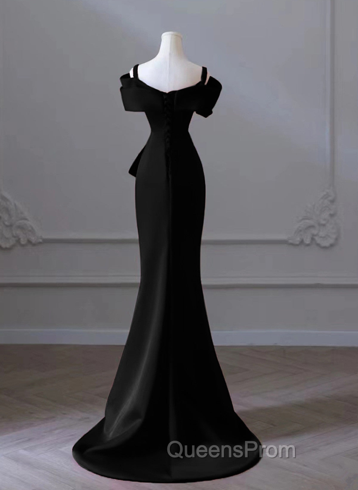 Black Mermaid Sweetheart Off Shoulder Evening Prom Dress, Black Satin Evening Dress