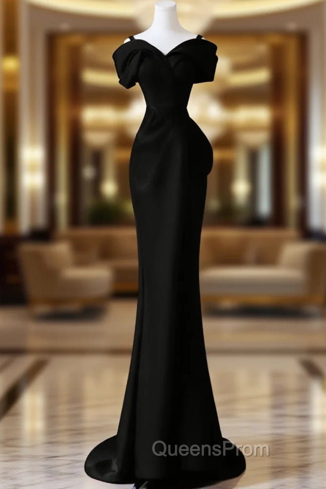 Black Mermaid Sweetheart Off Shoulder Evening Prom Dress, Black Satin Evening Dress Main image