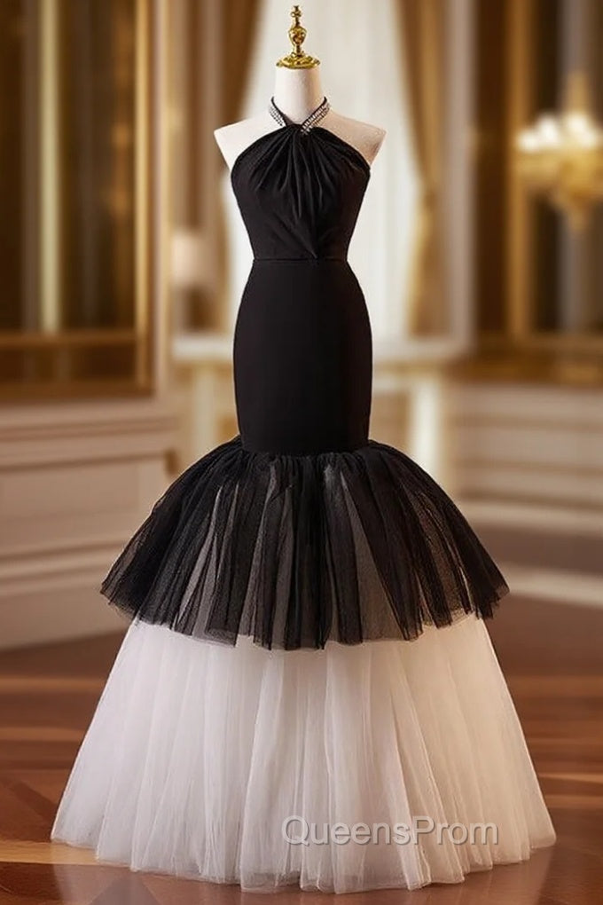 Black Mermaid Tulle Halter Evening Prom Dress