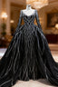 Black Mermaid Tulle Long Sleeve Sequins Evening Prom Dress With Detachable Train