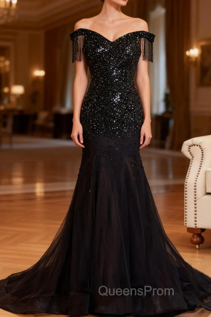 Black Mermaid Tulle Off the Shoulder Beading Evening Prom Dress