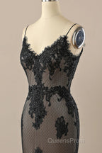 Black Mermaid V-neckline Straps Lace Party Dress, Black Mermaid Evening Prom Dress