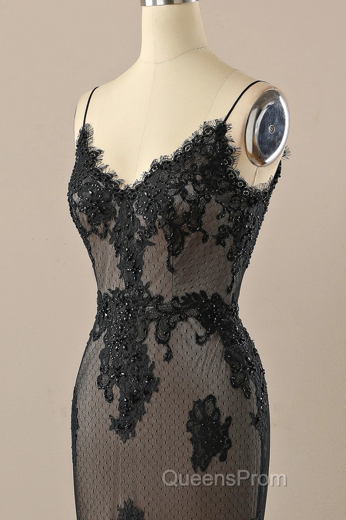 Black Mermaid V-neckline Straps Lace Party Dress, Black Mermaid Evening Prom Dress