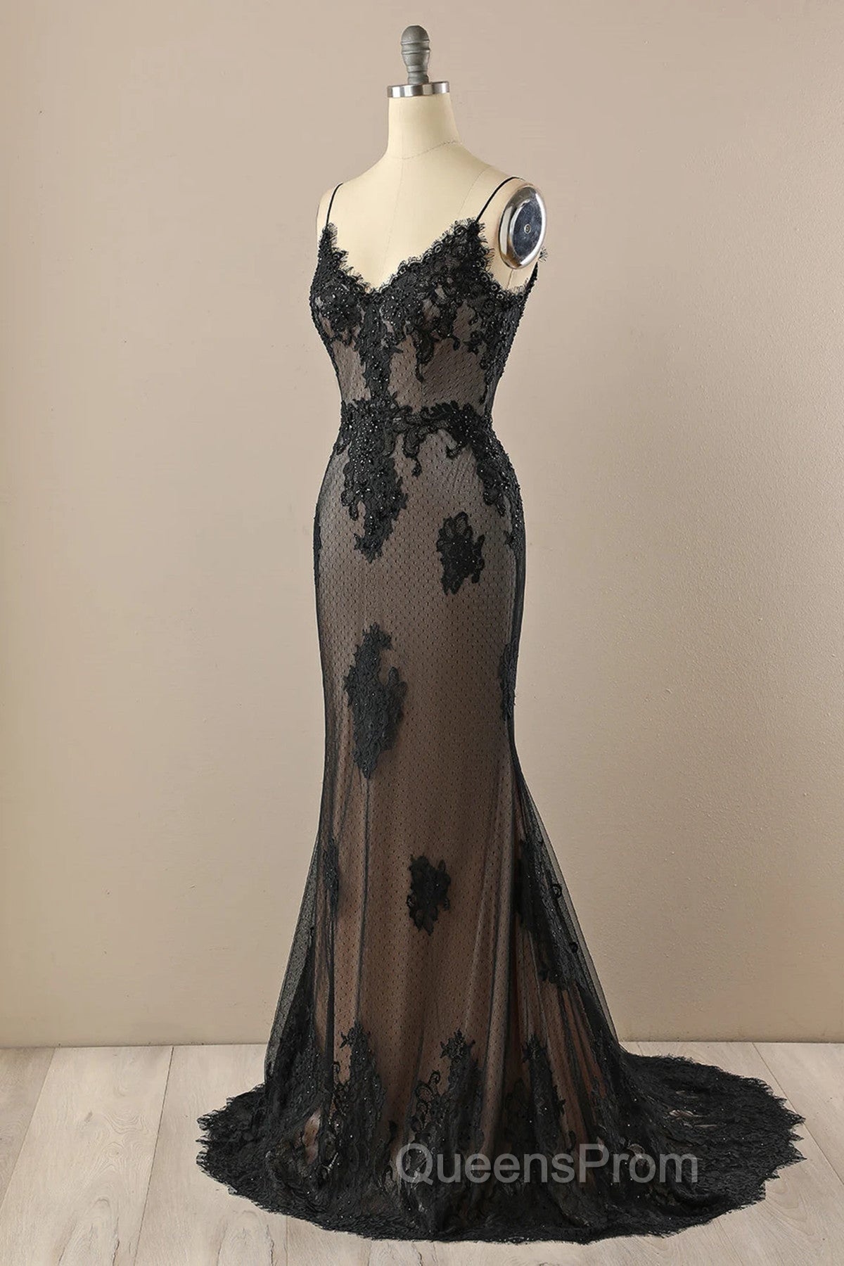 Black Mermaid V-neckline Straps Lace Party Dress, Black Mermaid Evening Prom Dress