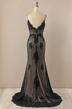 Black Mermaid V-neckline Straps Lace Party Dress, Black Mermaid Evening Prom Dress