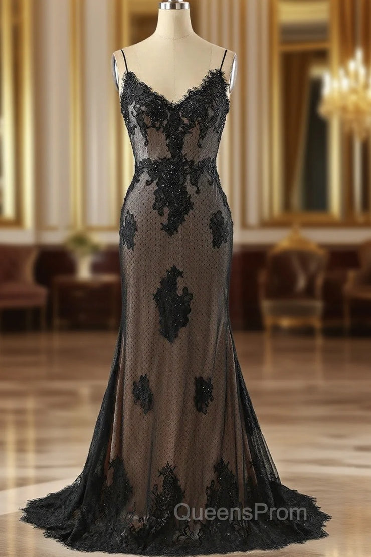 Black Mermaid V-neckline Straps Lace Party Dress, Black Mermaid Evening Prom Dress