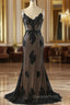 Black Mermaid V-neckline Straps Lace Party Dress, Black Mermaid Evening Prom Dress