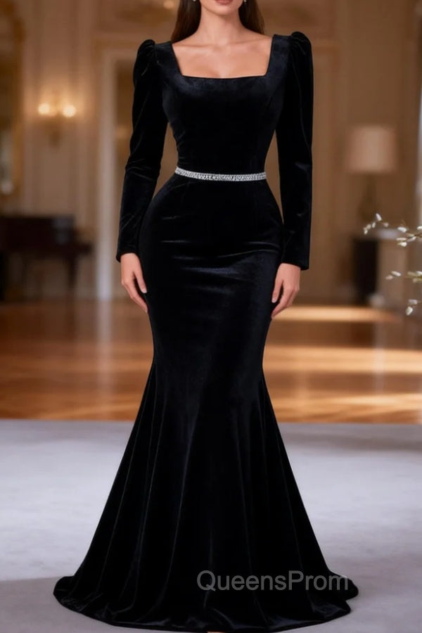 Black Mermaid Velvet Long Sleeve Evening Prom Dress