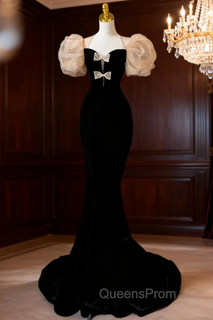 Black Mermaid Velvet Long Sleeve Evening Prom Dress