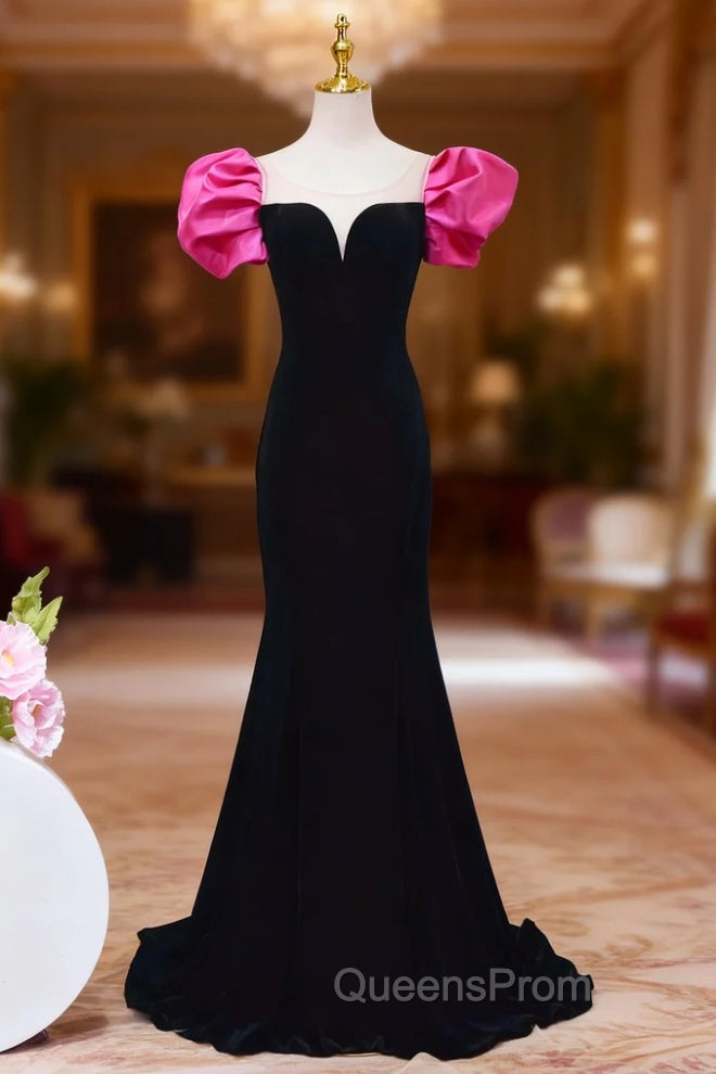 Black Mermaid Velvet Puff Sleeve Backless Evening Prom Dress