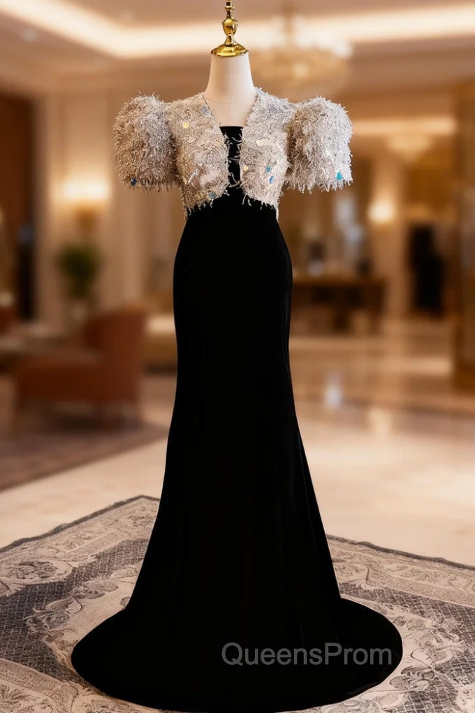 Black Mermaid Velvet Puff Sleeve Evening Prom Dress