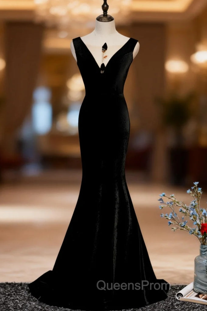 Black Mermaid Velvet See Through V-neck Evening Prom Dress
