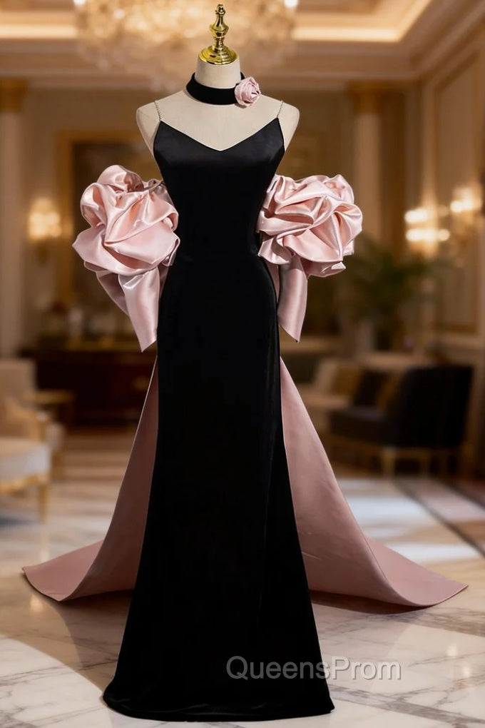 Black Mermaid Velvet Spaghetti Straps Pink Flower Evening Prom Dress