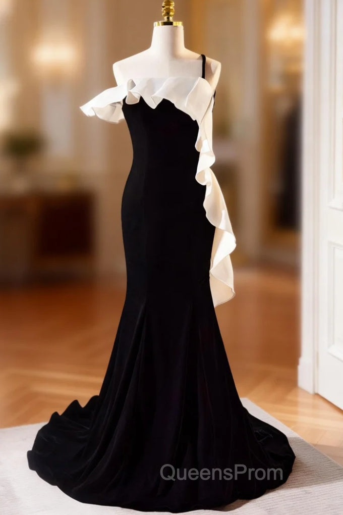 Black Mermaid Velvet Spaghetti Straps Evening Prom Dress