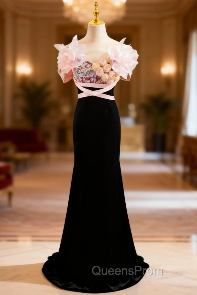 Black Mermaid Velvet Strapless Flower Evening Prom Dress