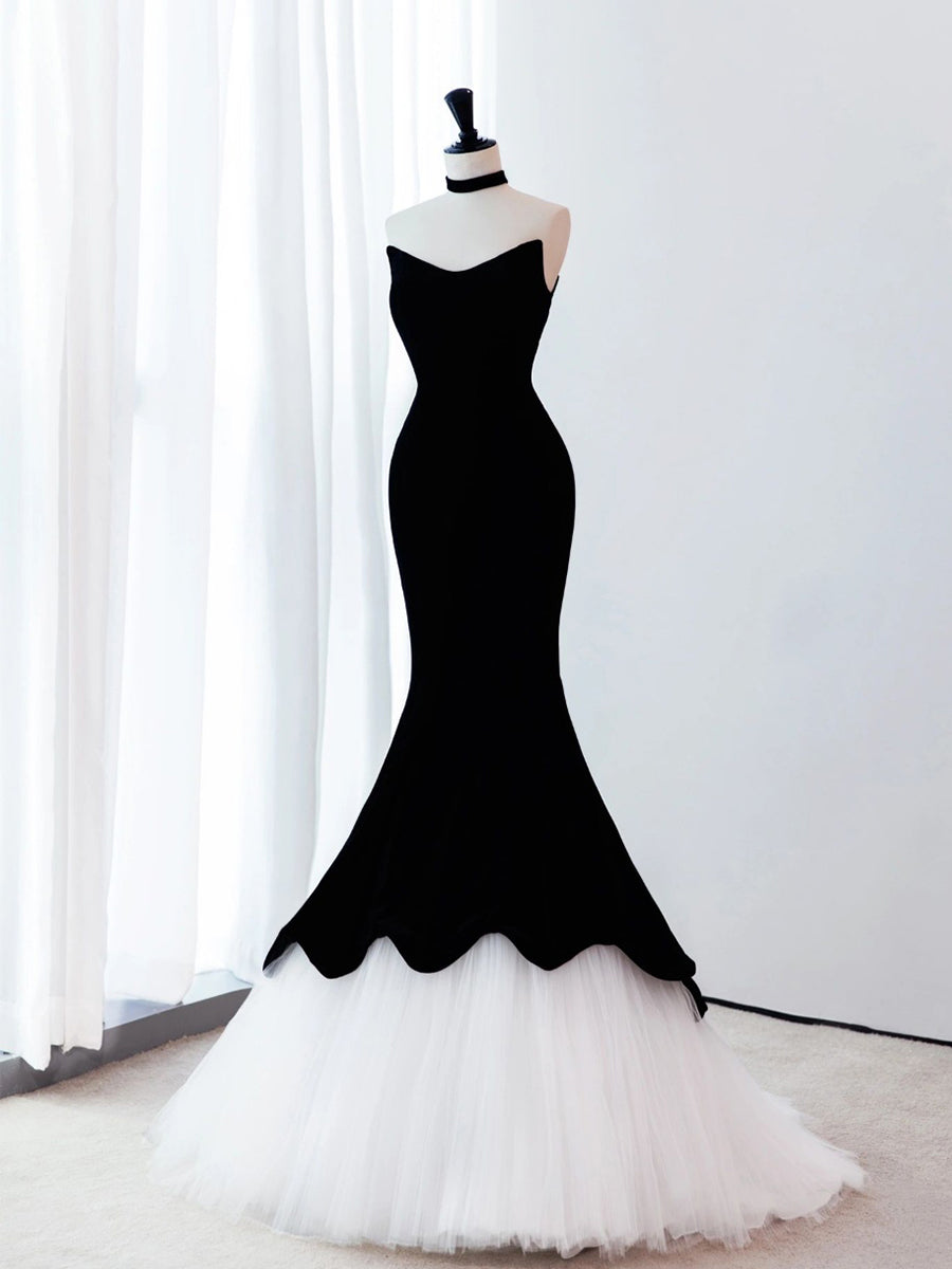 Black Mermaid Velvet Tulle Long Classy Prom Dress, Black Prom Dress