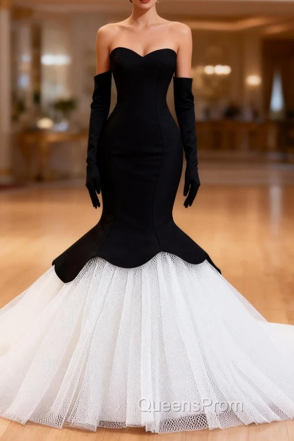 Black Mermaid White Tulle Long Sleeve Evening Prom Dress