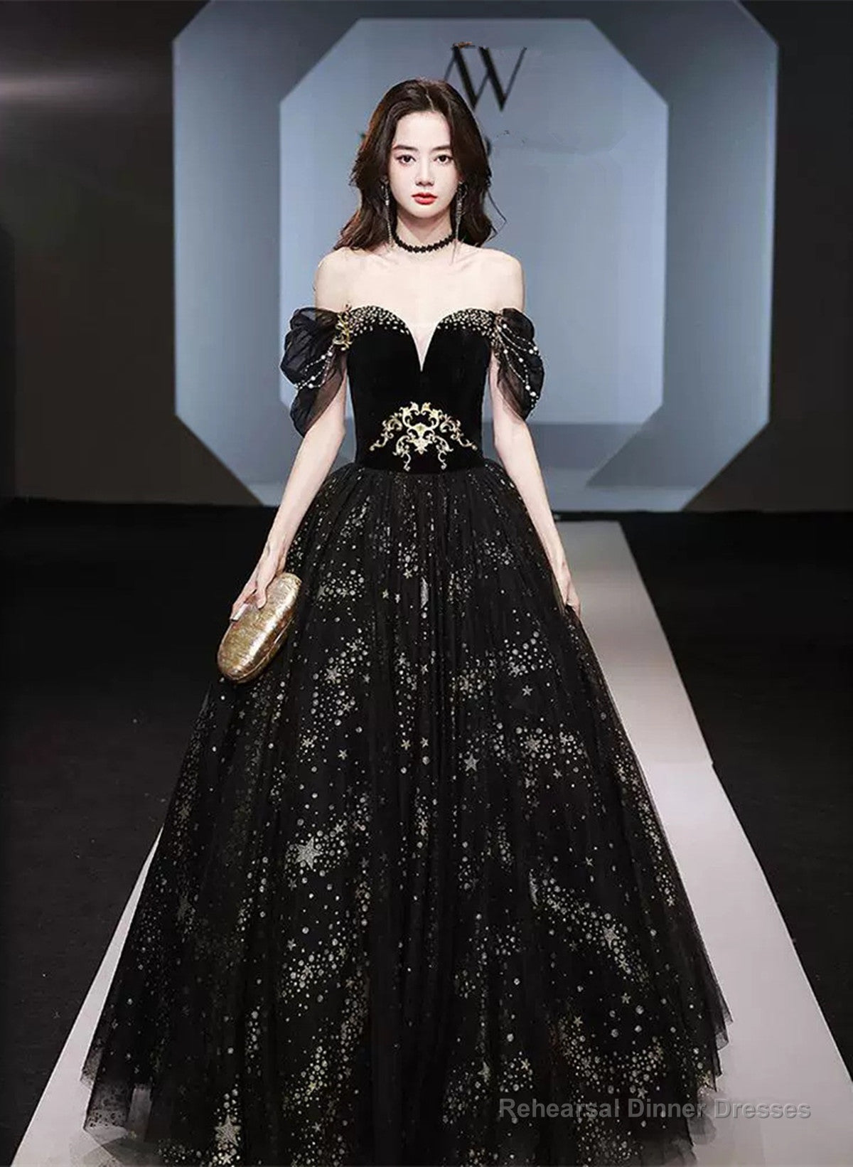 Black Off Shoulder Beaded Sweetheart Tulle Prom Dress, Black Formal Dress Main image