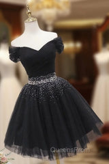 Black Off Shoulder Beaded Tulle Short Evening Prom Dress, Black Homecoming Dress Evening Dress