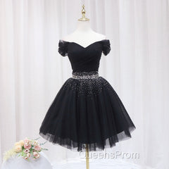 Black Off Shoulder Beaded Tulle Short Evening Prom Dress, Black Homecoming Dress Evening Dress