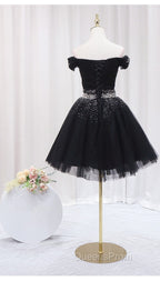 Black Off Shoulder Beaded Tulle Short Evening Prom Dress, Black Homecoming Dress Evening Dress