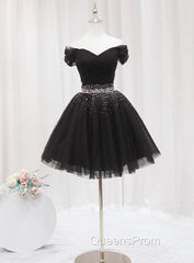 Black Off Shoulder Beaded Tulle Short Evening Prom Dress, Black Homecoming Dress Evening Dress