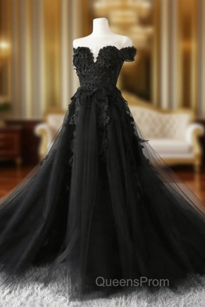 Black Off Shoulder Evening Dress with Lace, Black Tulle Off Shoulder Evening Prom Dress Main image