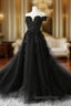 Black Off Shoulder Evening Dress with Lace, Black Tulle Off Shoulder Evening Prom Dress