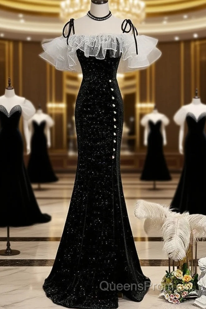 Black Off Shoulder Mermaid Long Formal Dress, Black Wedding Party Dress Main image