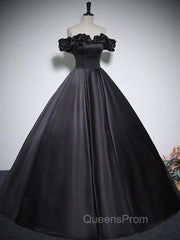 Black Off Shoulder Satin Long Evening Prom Dress, Black Satin Evening Dress